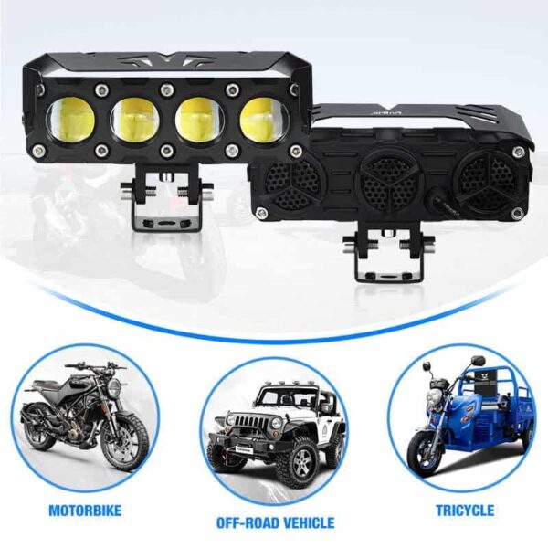 LED motorcycle headlight for improved visibility and safety on the road, compatible with various bikes, off-road vehicles, and tricycles, perfect for night riding and adventure.