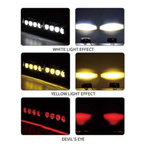 LED motorcycle headlight light effects with white, yellow, and red colors for enhanced visibility and style at Ride India Ride.