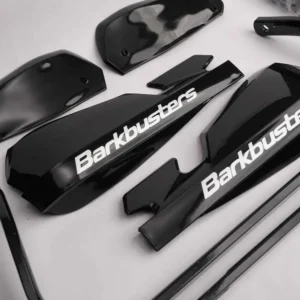 High-quality black motorcycle fairings with Barkbusters branding, designed for motorcycle protection and customization, suitable for ride Indian bikes and adventures.