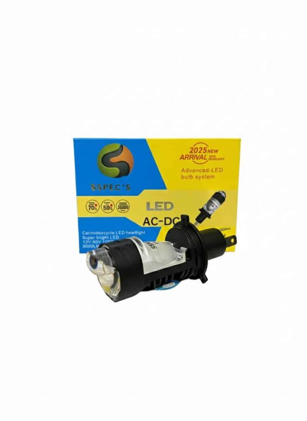 LED motorcycle headlight bulb for bikes, latest high-intensity AC/DC lamp with advanced LED technology, perfect for motorcycle lighting.