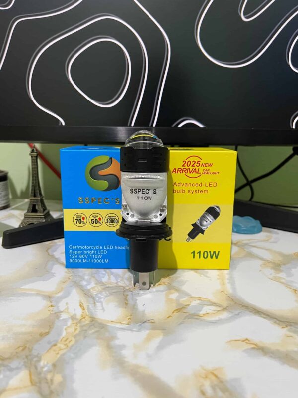 LED headlight bulb for motorcycles and cars, 110W, high brightness, energy-efficient, long-lasting, ideal for improved visibility and safety on the road. Perfect for vehicle upgrades and replacements.