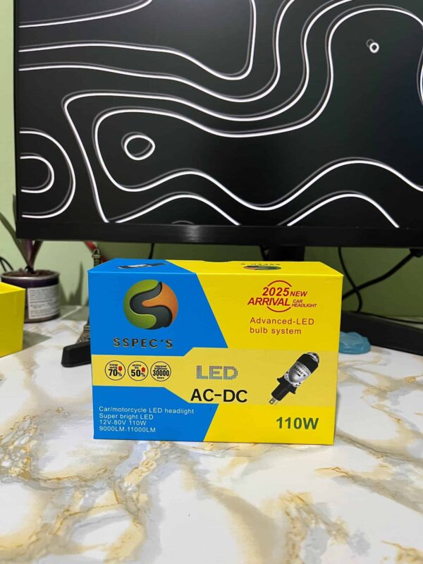 SSpec's LED motorcycle and car headlight bulb packaging with 110W power, advanced LED technology, and long-lasting performance for auto lighting solutions.