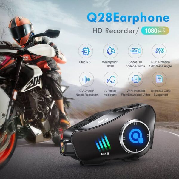 Q28 Motorcycle Helmet Bluetooth Headset with 1080P Camera – 500M Intercom Range