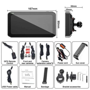 High-quality motorcycle GPS navigation system with 7-inch screen, camera extension cables, remote control, and bracket accessories for optimal biking experience.