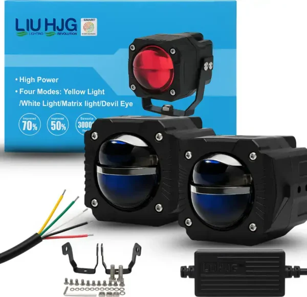 High power motorcycle LED lighting kits with multiple modes including yellow, white, matrix, and devil eye, designed to improve visibility and safety on the road.