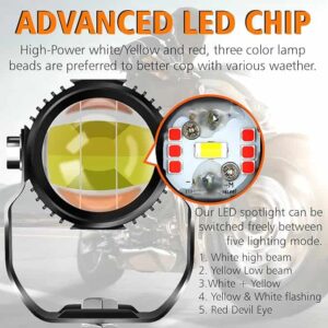 LED chip for motorcycle headlights with multiple lighting modes, high-power white/yellow and red, featuring advanced switchable LED spotlight for enhanced visibility and safety.