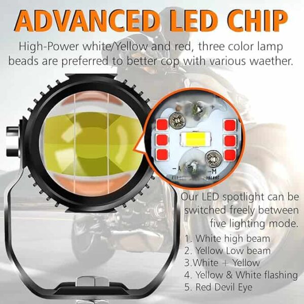 LED chip for motorcycle headlights with multiple lighting modes, high-power white/yellow and red, featuring advanced switchable LED spotlight for enhanced visibility and safety.