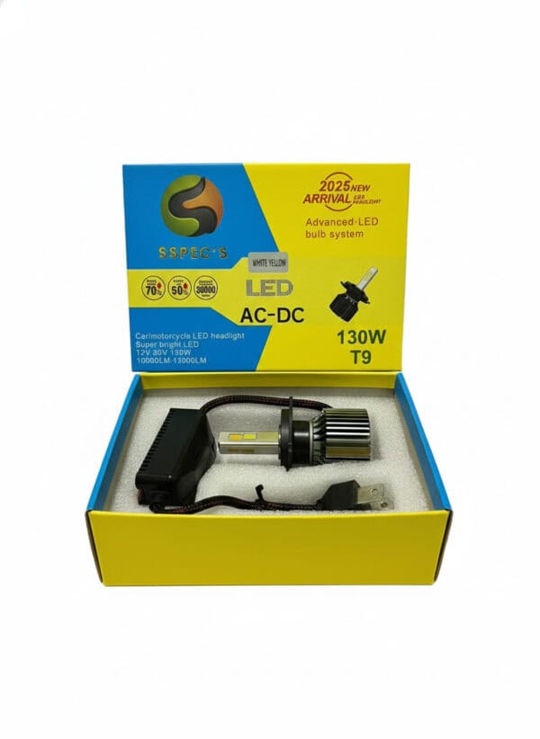 High-quality LED headlight bulb for motorcycle and car headlights, 130W T9 model, advanced LED bulb system for bright illumination, ideal for vehicle lighting upgrade, compatible with AC-DC systems.