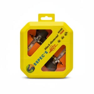 Bright yellow packaging featuring two LED headlight bulbs for motorcycle and vehicle upgrade, with specifications of 4300K color temperature and 350 lumens brightness, ideal for night riding.