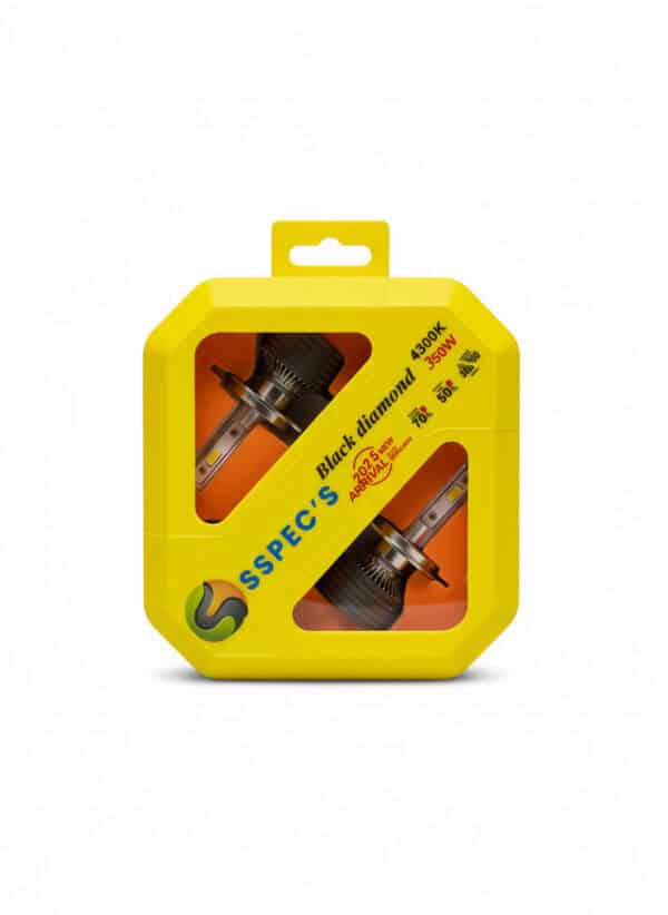 Bright yellow packaging featuring two LED headlight bulbs for motorcycle and vehicle upgrade, with specifications of 4300K color temperature and 350 lumens brightness, ideal for night riding.