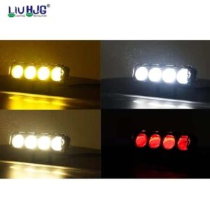 LED motorcycle auxiliary lights in yellow, white, and red colors for enhanced visibility during rides; perfect for bike safety and night riding.