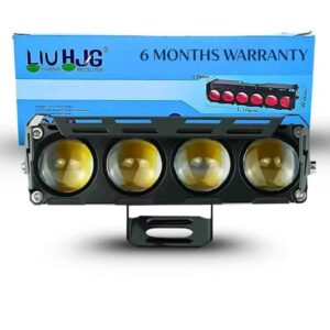 High-power LED work light bar with four yellow lenses, waterproof and durable construction for off-road vehicles, trucks, and outdoor adventures. Perfect for heavy-duty outdoor lighting needs.