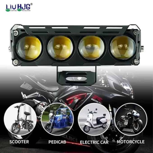High-powered LED searchlight for motorcycle, scooter, electric bike, and e-rickshaw lighting, enhancing visibility and safety during rides, ideal for urban and off-road travel.