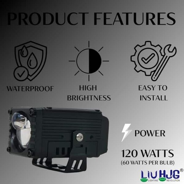 Waterproof motorcycle headlamp with high brightness, easy to install, 120 watts power, ideal for bike lighting, durable and reliable LED headlight for rides in India.