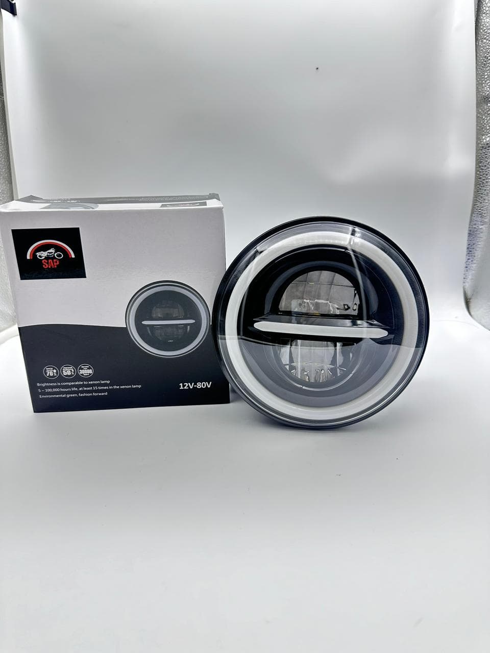 Bright LED motorcycle headlight with 12V-80V compatibility, designed for motorcycles. Enhances visibility and safety during night rides, easy installation, and energy-efficient lighting.