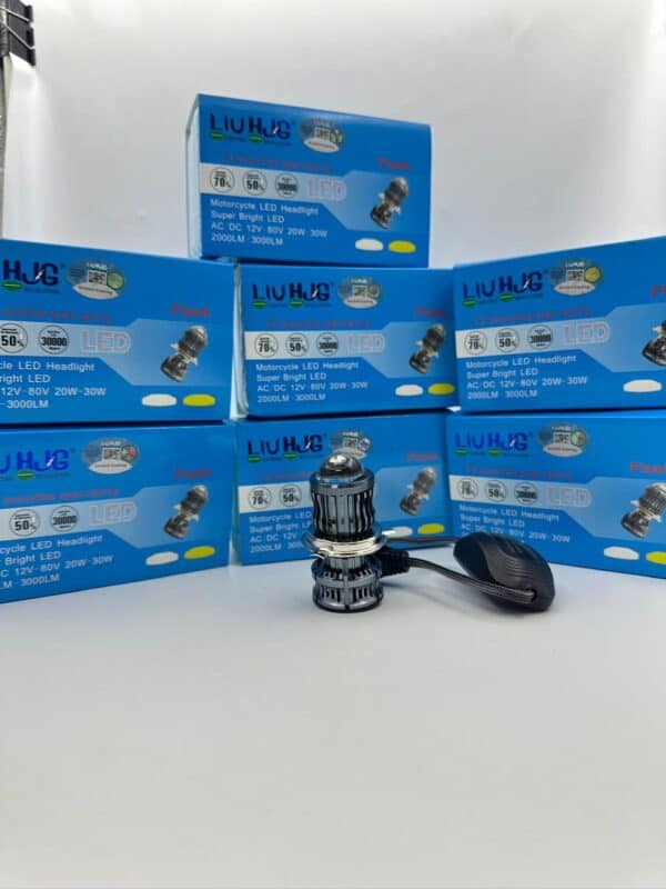 High-intensity motorcycle LED headlight with 12V-80V DC range, 20W-30W power, 2000LM-3000LM brightness, 70/50% energy efficiency, 12-month warranty, perfect for improved visibility on the road.
