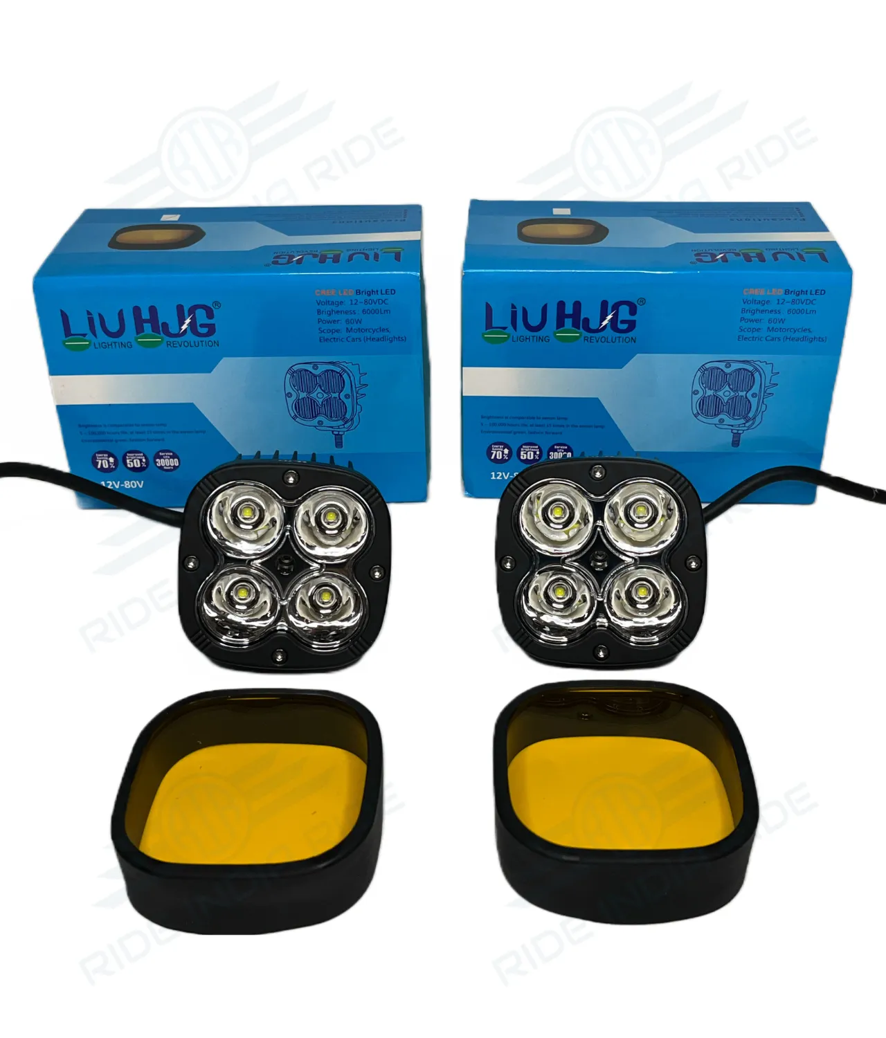 HJG Original 4 LED CREE 60W Fog Light Auxiliary Light For All Motorcycles With Yellow Filter Cap