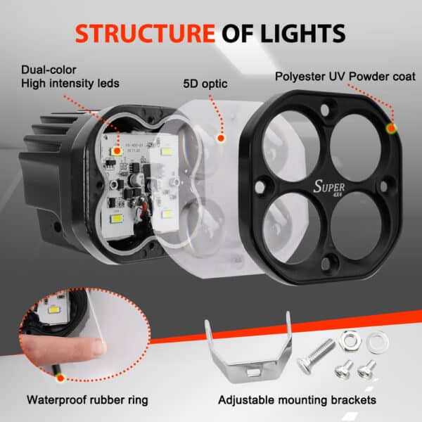 Super 4X4 Fog Lights Projector Spot LED 120W Square Dual Color White/Yellow (2Pcs)