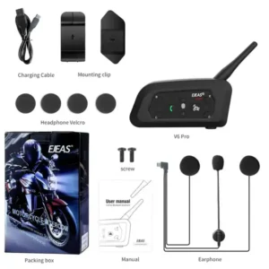 Charging cable with mounting clip and headset velcro for motorcycle Bluetooth communication device.