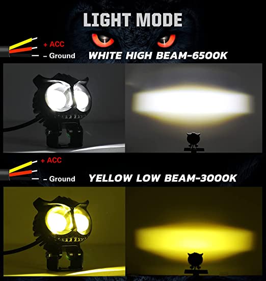 High-beam motorcycle headlights with white high beam 6500K and yellow low beam 3000K for enhanced visibility and safety on Indian roads. Perfect for ride safety accessories.