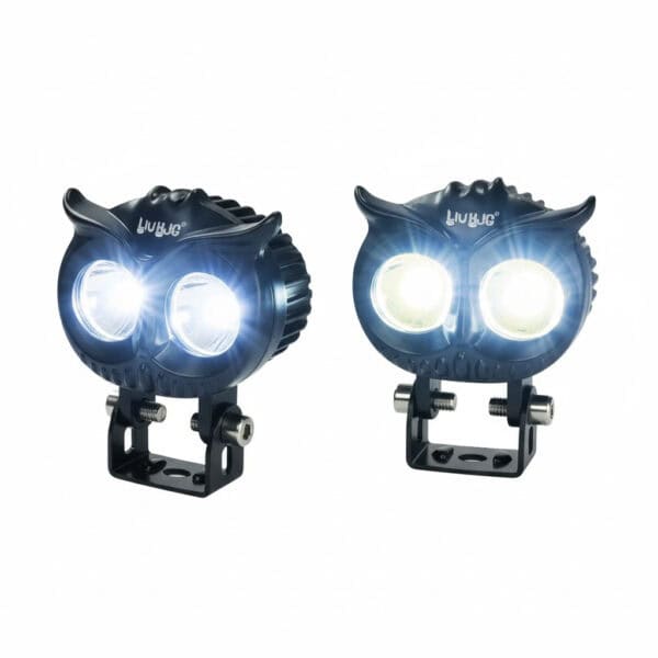 Ultra-bright owl-shaped motorcycle LED lights with dual beam for enhanced visibility and safety on rides. Perfect for adventure motorcyclists and bike enthusiasts.