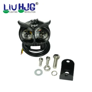 High-powered dual LED owl-shaped motorcycle headlight with mounting accessories for enhanced visibility and safety during rides. Perfect for motorcycle lighting upgrades.