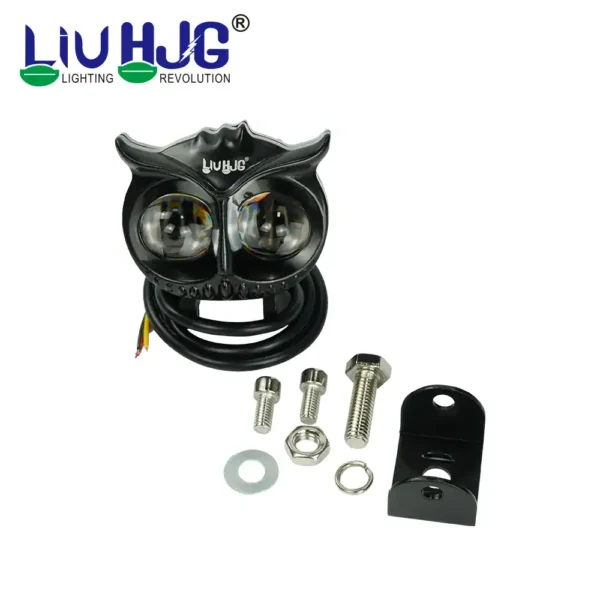 High-powered dual LED owl-shaped motorcycle headlight with mounting accessories for enhanced visibility and safety during rides. Perfect for motorcycle lighting upgrades.