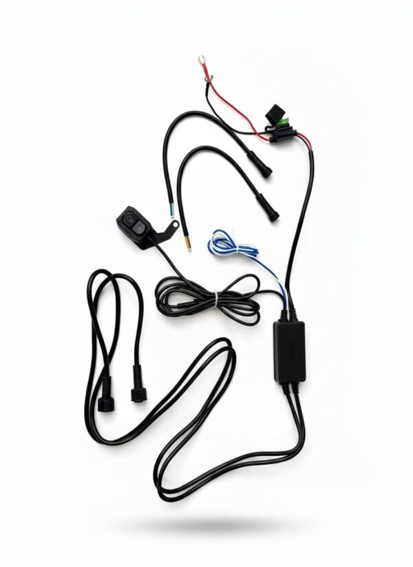 Wiring harness and electronic components for motorcycle accessories or upgrades.