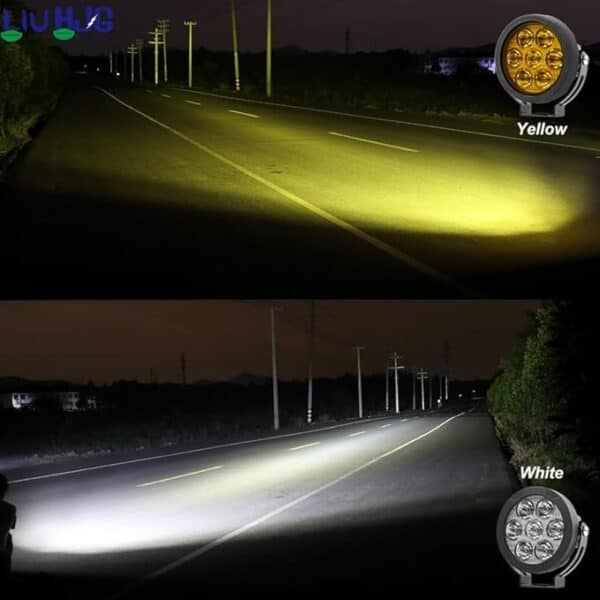 Bright yellow LED vehicle headlight for enhanced night driving visibility on highways and rural roads.
