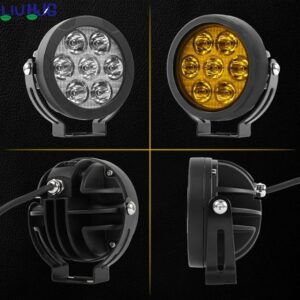 9-inch round LED work light with multiple beam options for off-road and motorcycle applications, durable construction, and easy installation for enhanced visibility.