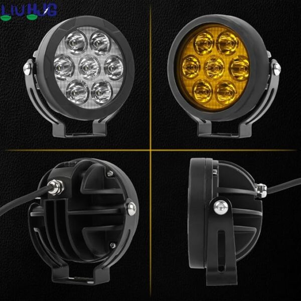 9-inch round LED work light with multiple beam options for off-road and motorcycle applications, durable construction, and easy installation for enhanced visibility.