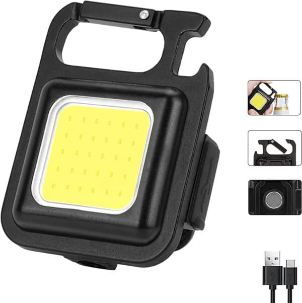 Super Bright LED MINI Keychain Flashlight with 4 Modes & Magnetic Base - Portable Mini Lamp with Pocket Bottle Opener and USB Rechargeable COB Work Light