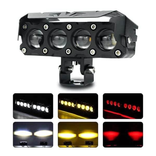 High-power LED work light for off-road motorcycles, scooters, and bikes, providing bright white, yellow, or red illumination for enhanced visibility and safety during night rides or low-light conditions.
