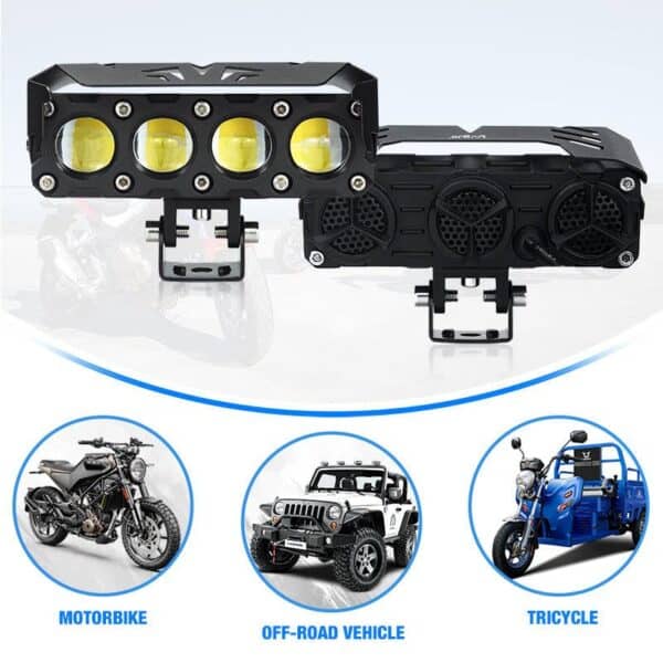 LED motorcycle headlight for improved visibility and safety on the road, compatible with various bikes, off-road vehicles, and tricycles, perfect for night riding and adventure.