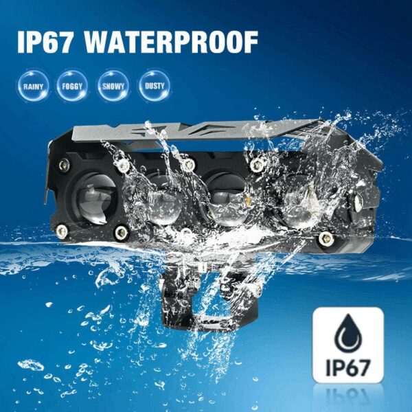 IP67 waterproof motorcycle headlight with foggy, snowy, dusty, rainy weather resistance. Perfect for rugged terrains and adverse conditions.