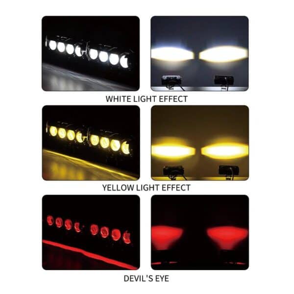 LED motorcycle headlight light effects with white, yellow, and red colors for enhanced visibility and style at Ride India Ride.