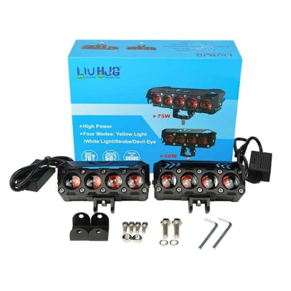 LED motorcycle lights with high power, four modes (yellow, white, strobe, devil eye), ideal for motorcycle safety and visibility enhancement.