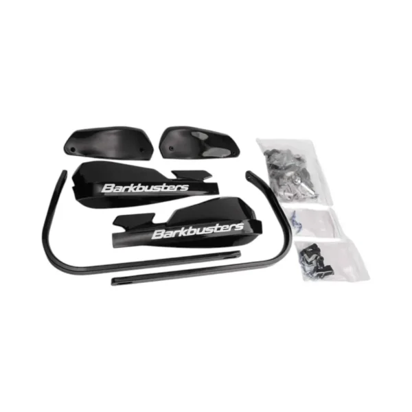 High-quality black Barkbusters handlebar guard set for motorcycle protection, includes handguards, mounting hardware, and installation tools, ideal for adventure and off-road biking.