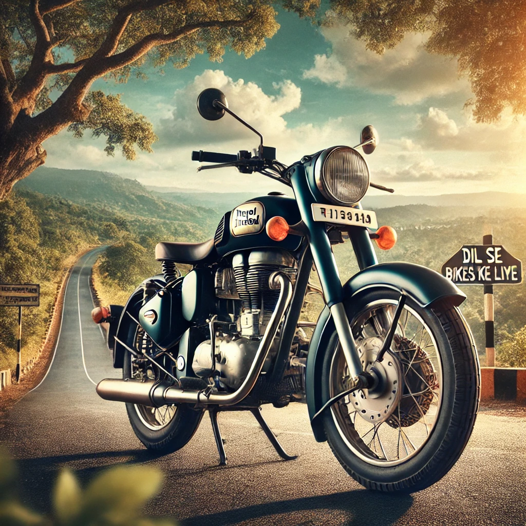 DALL·E 2024 09 03 17.40.16 A captivating image featuring a classic Indian motorcycle like a Royal Enfield parked on a scenic road with lush green trees on either side. The bac