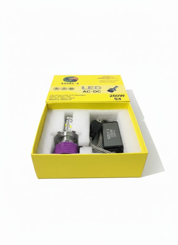 LED headlight bulb kit with accessories for motorcycle or car illumination, includes a 200W LED bulb and driver, designed for enhanced visibility and safety.