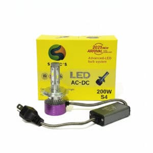 Bright LED headlight bulb for vehicles, 200W S4 model, advanced AC-DC system, suitable for motorcycle and car headlights, energy-efficient and long-lasting lighting solution for safe driving.