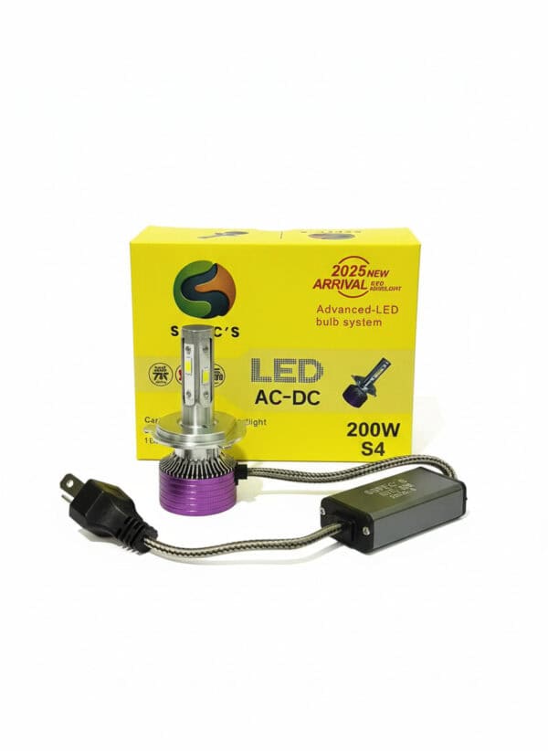 Bright LED headlight bulb for vehicles, 200W S4 model, advanced AC-DC system, suitable for motorcycle and car headlights, energy-efficient and long-lasting lighting solution for safe driving.