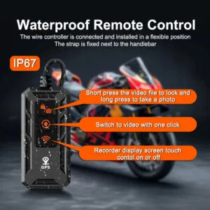 Waterproof motorcycle remote control with GPS tracking, ideal for rider safety and security, IP67 rated, features touch screen control, video recording, and remote lock functions for enhanced riding experience.