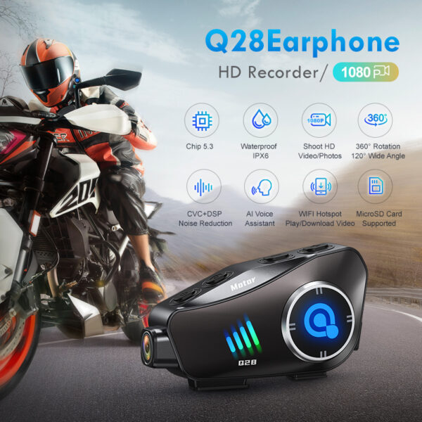 Q28 Motorcycle Helmet Bluetooth Headset with 1080P Camera - 500M Intercom Range