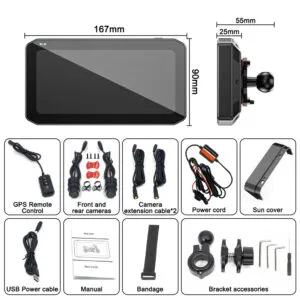 High-quality motorcycle GPS navigation system with 7-inch screen, camera extension cables, remote control, and bracket accessories for optimal biking experience.