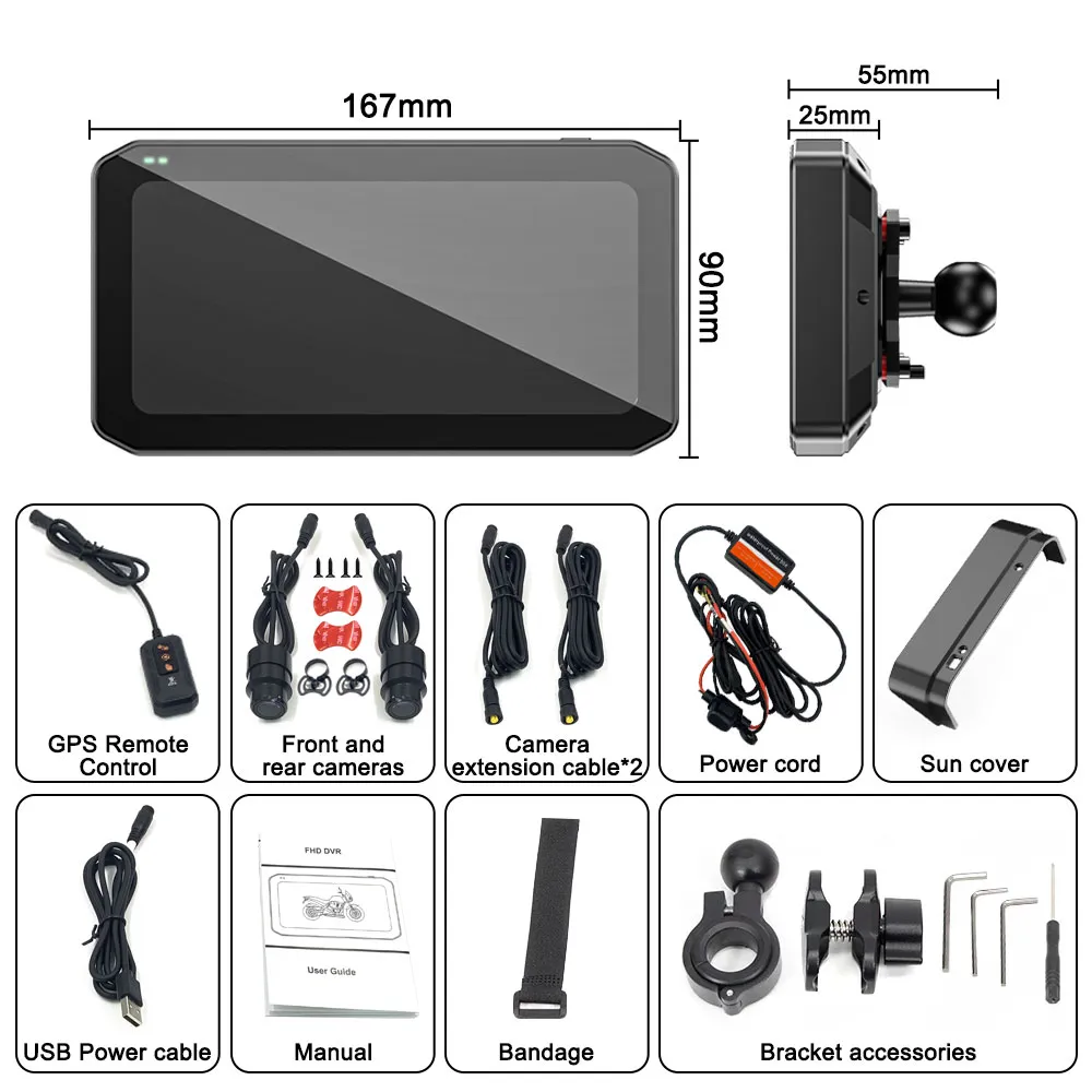 High-quality motorcycle GPS navigation system with 7-inch screen, camera extension cables, remote control, and bracket accessories for optimal biking experience.