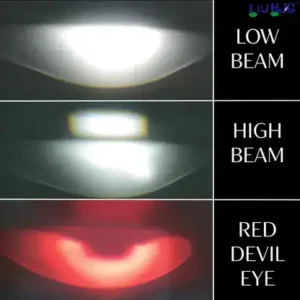 Bright automotive headlight beam comparison showing low, high, and red devil eye settings for improved visibility during night driving.