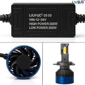 High-power LED headlight bulb with cooling fan and compact driver for motorcycle and car headlights, enhancing visibility and safety during night riding.