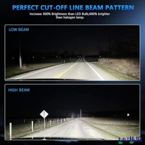 Wide-angle headlight comparison of low and high beam patterns at night, showing enhanced brightness and illumination for safer driving, perfect for motorcycle and car headlights, optimized for automotive LED lighting enthusiasts.