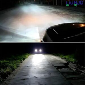 Bright headlights illuminating a dark rural road during night riding.